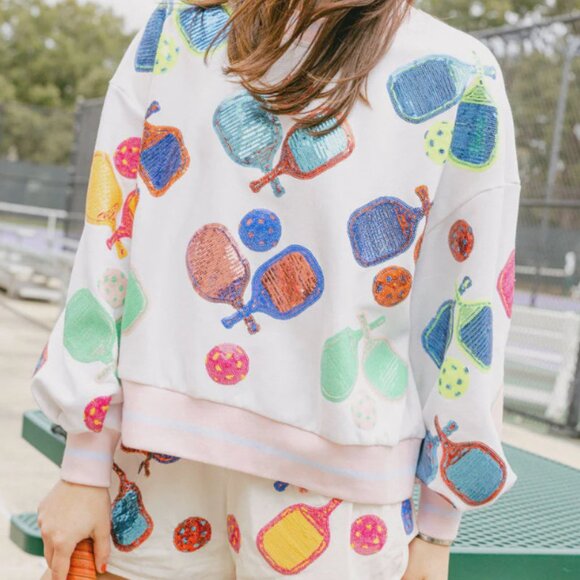 QUEEN OF SPARKLES Tops - NWT Queen of Sparkles White Multi Pickleball Sweatshirt